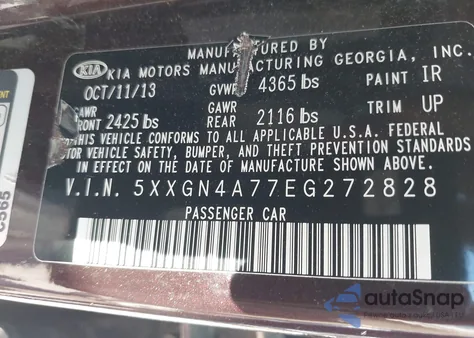 2014 Kia Optima Ex из США, поврежденный, VIN 5XXGN4A77EG272828